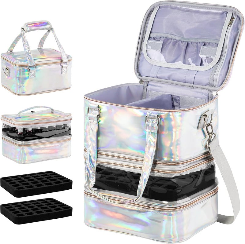 BELOVING Nail Polish Organizer Case, 3 Layers Removable Nail Polish Storage Bag Holds 60 Bottles and Nail Lamp with Shoulder Strap Portable Holographic PU Leather Nail Kit Storage for Manicure Tools (Silver) - Image 1